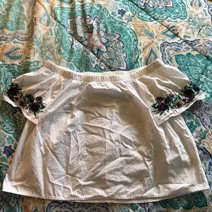 White Off shoulder Top Flower Embroidery.